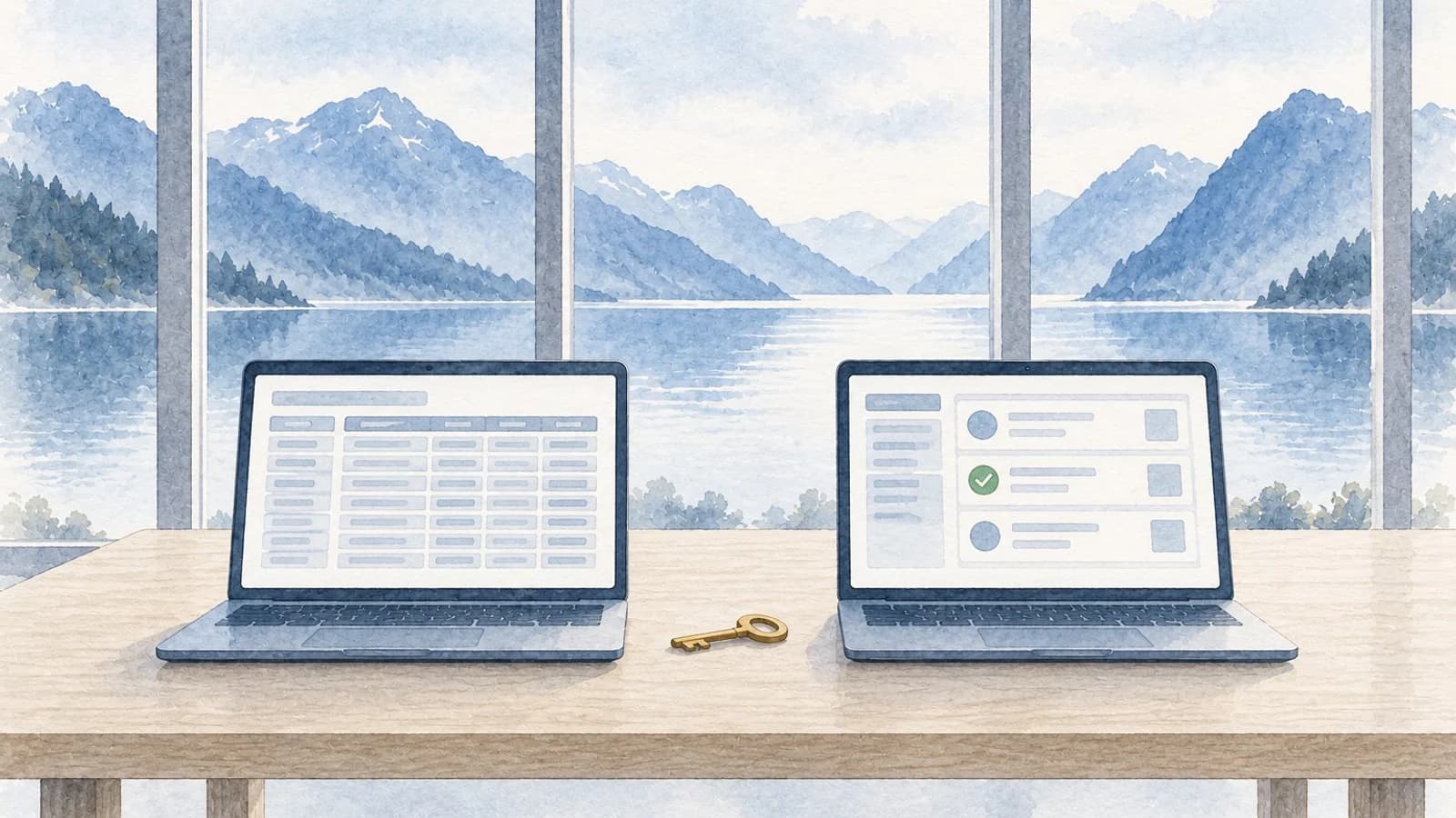 Akvarell av et skrivebord ved fjorden med to laptoper, den ene med en regnskapstabell og den andre med revisjonsarbeid og en grønn hake, og en gul nøkkel mellom dem.