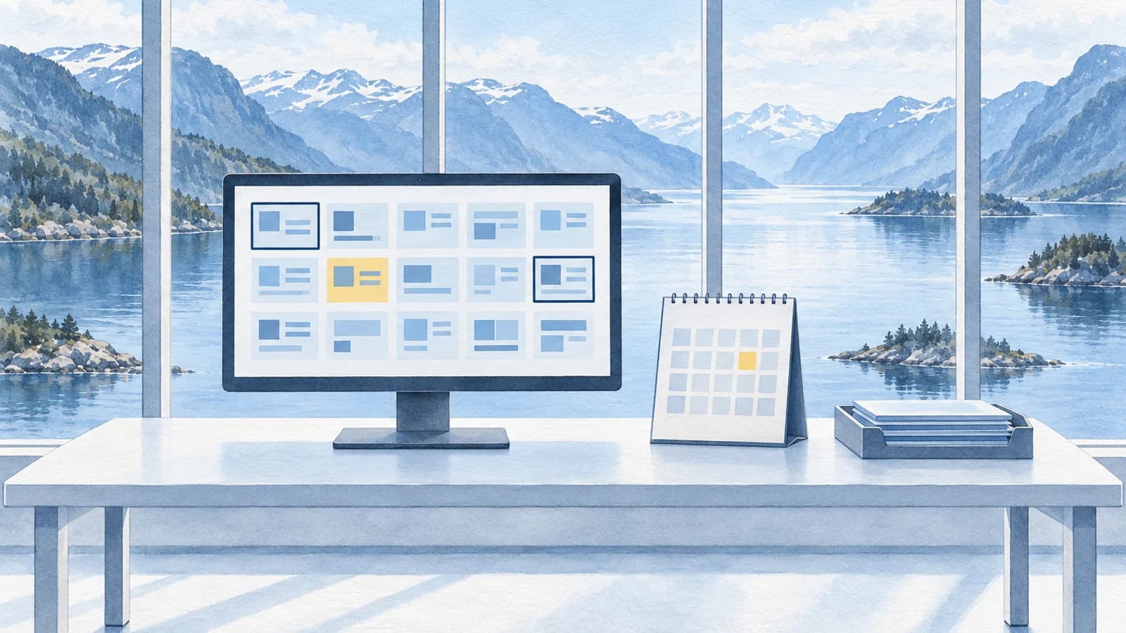 Akvarell av et skrivebord ved fjorden med en skjerm som viser et rutenett av kundefliser der én er gul og to er innrammet, en kalender med én gul dato og en skuff med mapper.