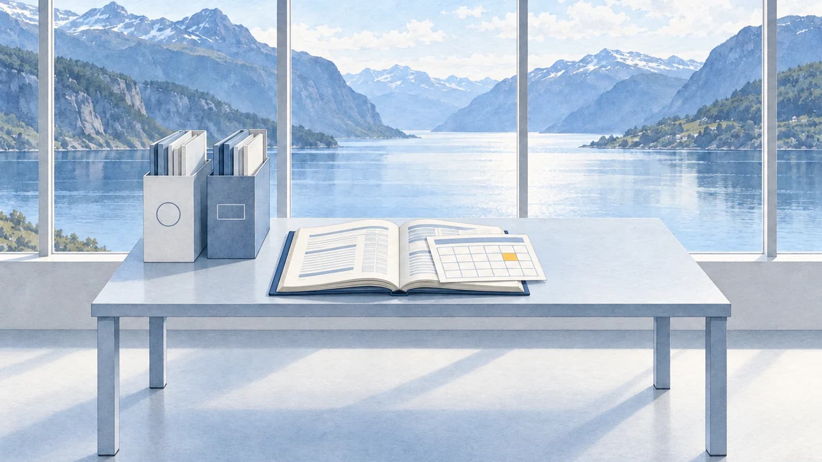 Akvarell av et skrivebord ved fjorden med to dokumentbokser, én med rund markering og én med rektangulær, og en åpen bok med et kalenderkort med én gul dato.