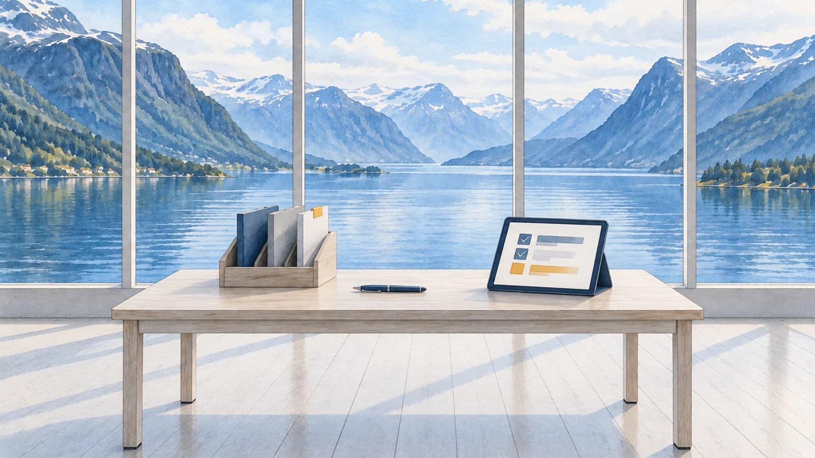 Akvarell av et skrivebord ved fjorden med et trebrett med tre mapper der én har gul fane, en penn og et nettbrett med en liste der to rader er avkrysset og én er gul.