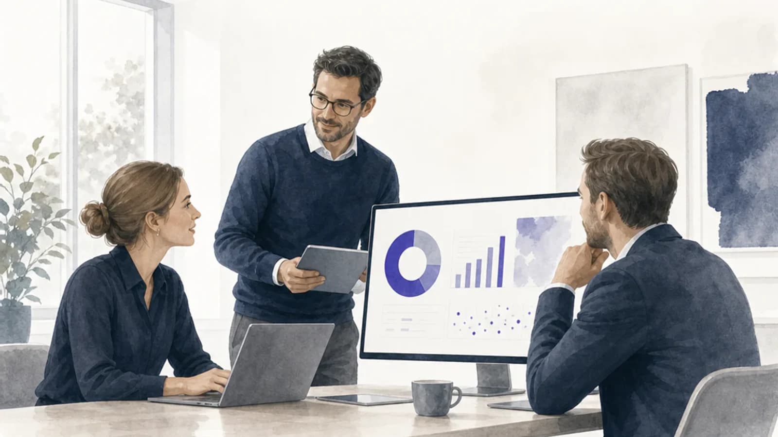 Tre revisorer diskuterer en digital arbeidsflyt rundt en skjerm.