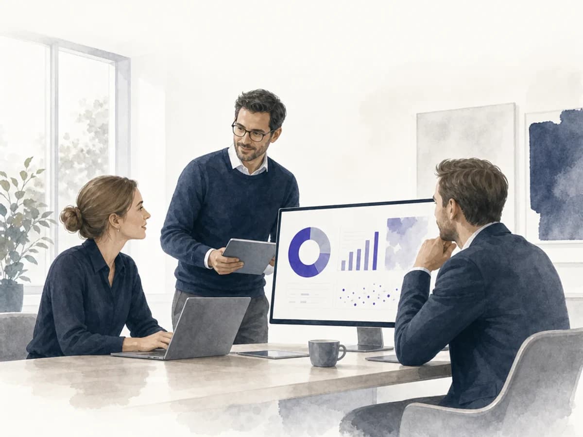Tre revisorer diskuterer en digital arbeidsflyt rundt en skjerm.