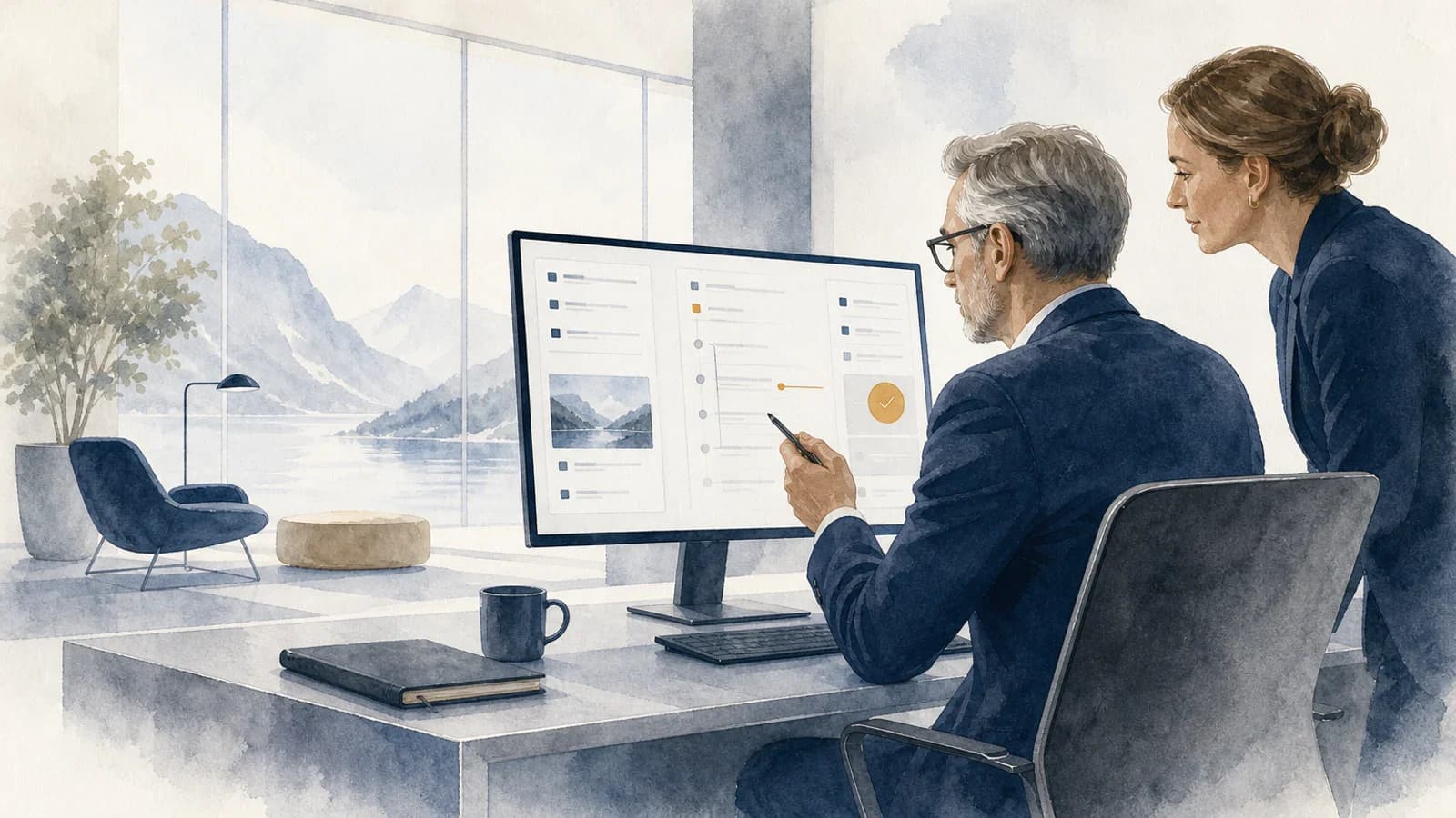 To revisorer gjennomgår et digitalt arbeidspapir med kilder, vurderinger og godkjenning.