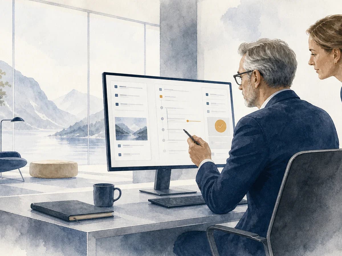 To revisorer gjennomgår et digitalt arbeidspapir med kilder, vurderinger og godkjenning.