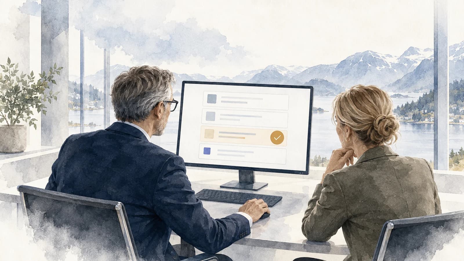 Akvarell av en revisor og en daglig leder som går gjennom en digital avtale på skjerm, med fjordutsikt.