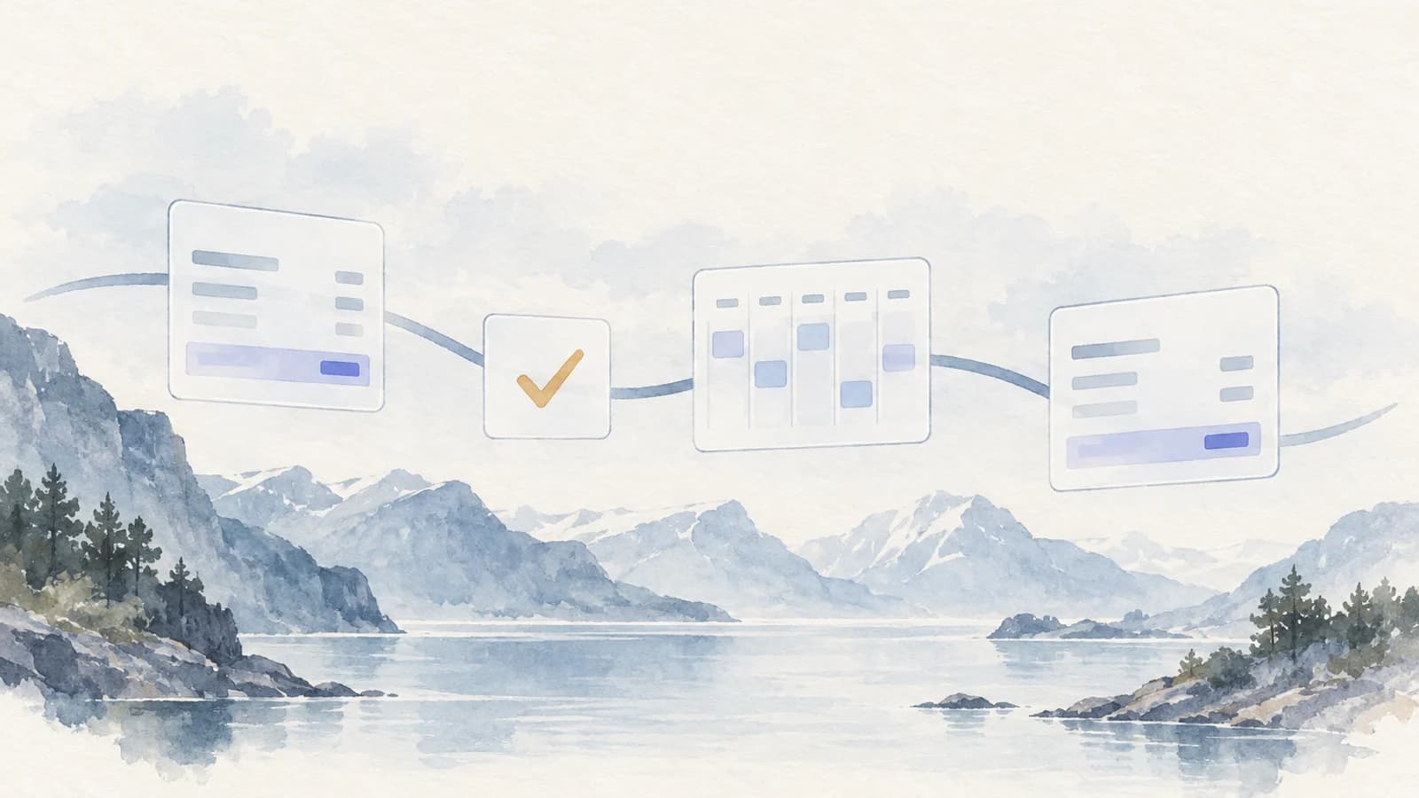 Akvarell av fire digitale kort langs en buet linje over en fjord: et tilbud, en godkjenningshake, en ukeoversikt over timer og en faktura.