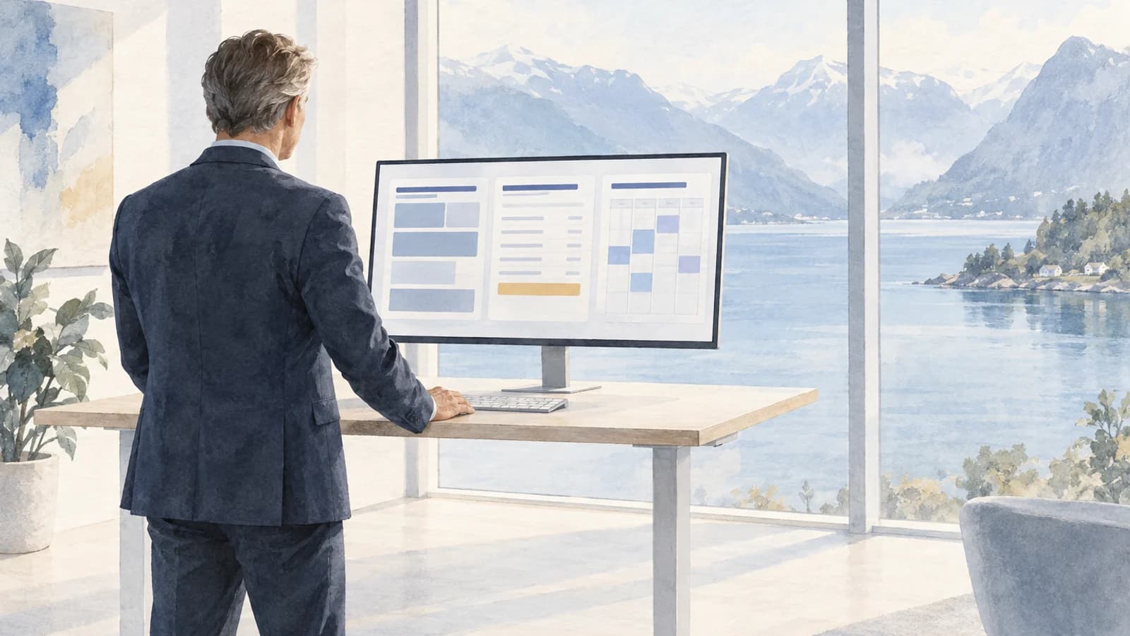 Akvarell av en revisor ved en stor skjerm som viser en avtale, en tilbudstabell og en ukeoversikt over timer, i et lyst kontor med fjordutsikt.