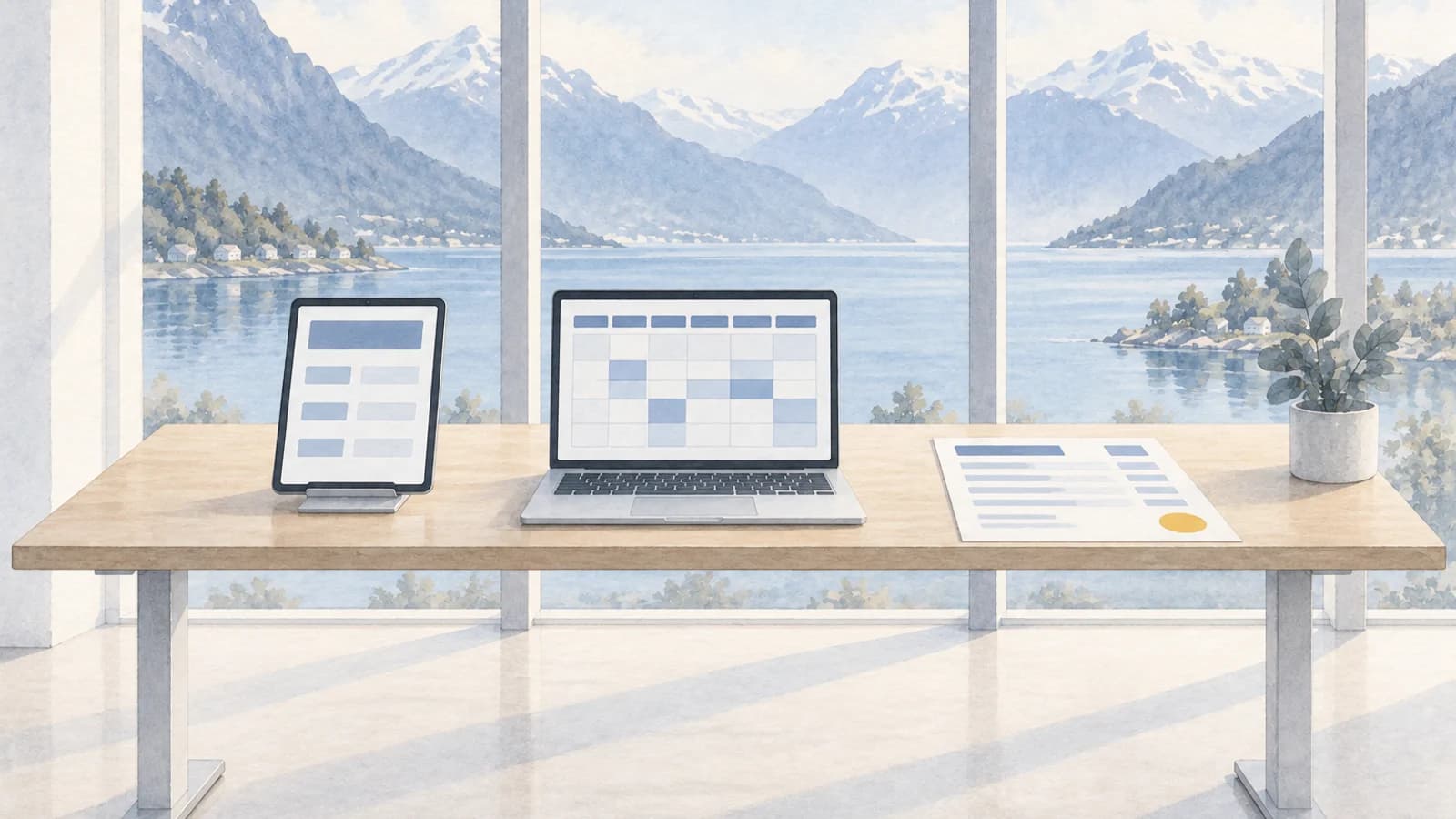 Akvarell av et ståbord mot fjorden med et tilbud på nettbrett, en timeliste på laptop og en faktura med gult segl, side om side.