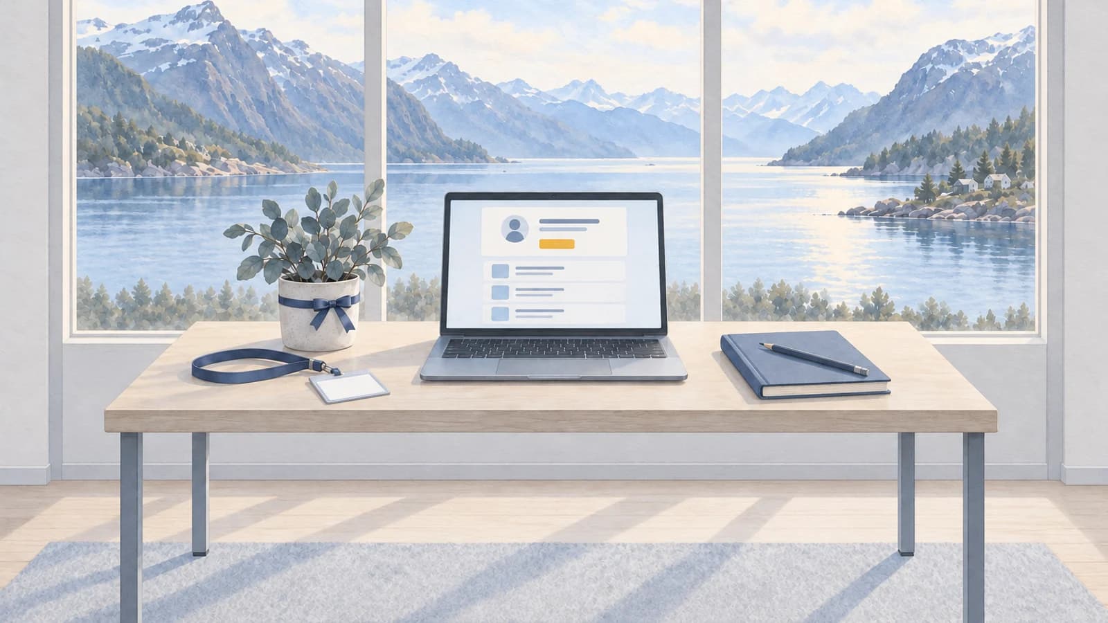 Akvarell av et ryddig skrivebord klart for en ny kollega, med en laptop som viser et velkomstkort og tre oppgaver, et navneskilt og en notatbok.
