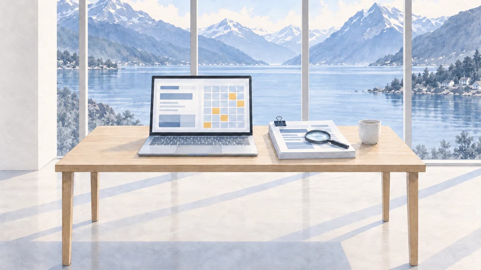Akvarell av et skrivebord mot fjorden med en laptop som viser regnskapssider og et rutenett der fem ruter er valgt ut, og et innbundet årsregnskap med lupe ved siden av.
