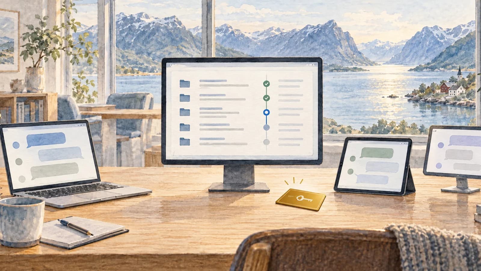 Akvarell av tre assistentflater og en oppdragsoversikt på et skrivebord ved fjorden. Et gult nøkkelkort symboliserer personlig lesetilgang.