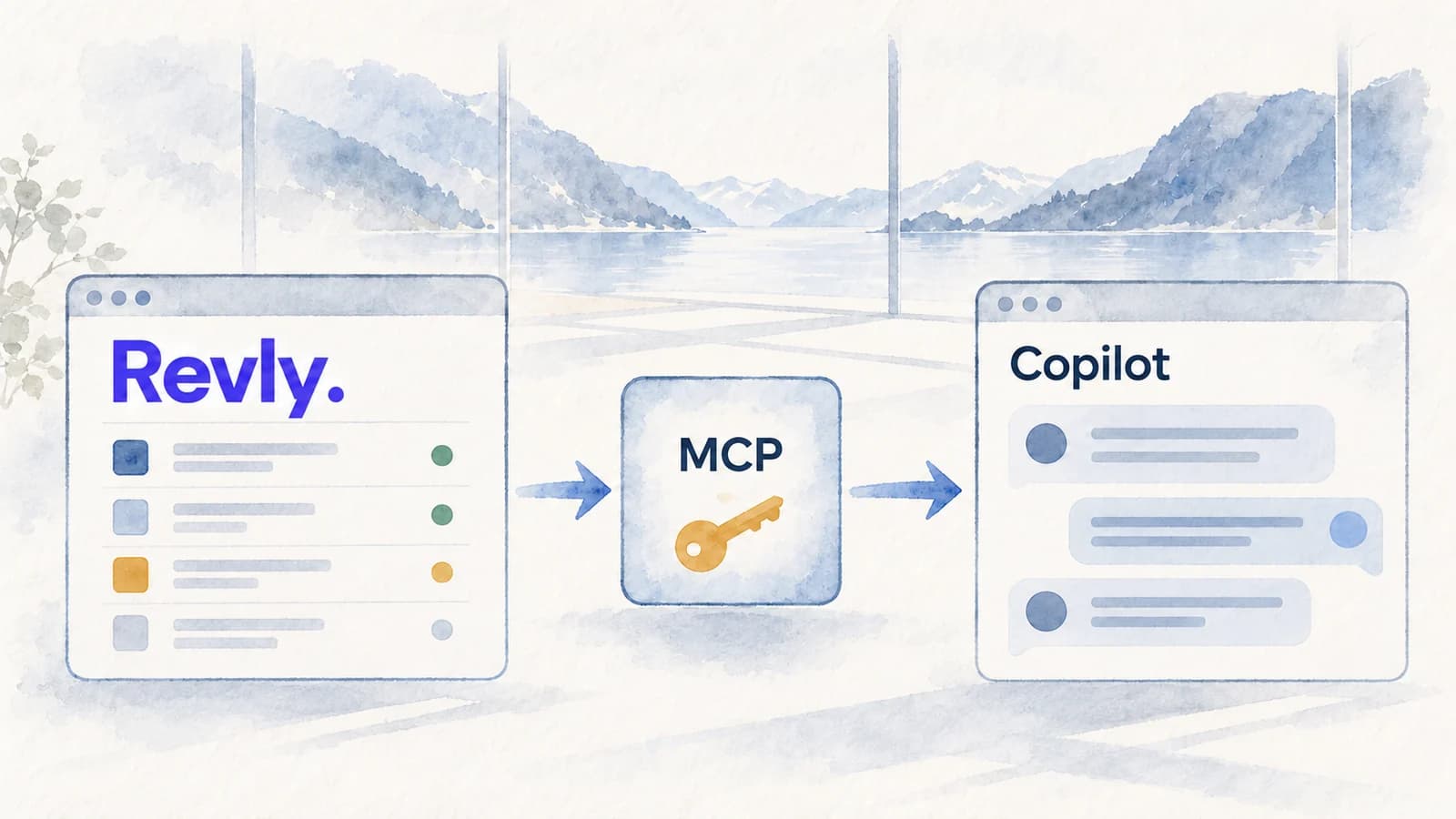 Akvarell som viser oppdragsdata fra Revly via MCP til Copilot. Revly.-logoen står på venstre side, og en gul nøkkel symboliserer personlig lesetilgang.