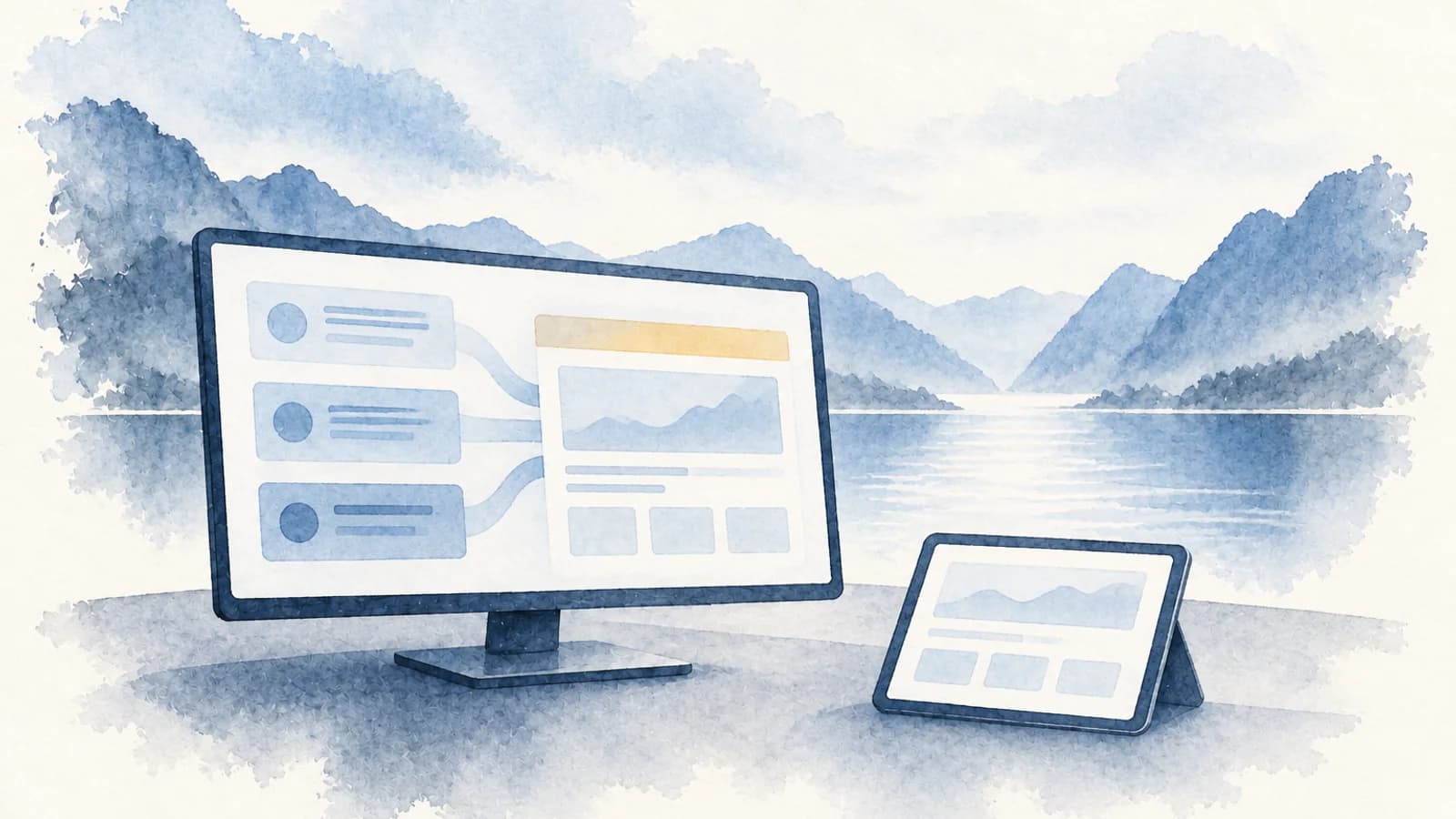 Akvarell av en moderne skjerm og et nettbrett med enkle digitale datafelt, malt med løse blå strøk mot en lys fjord.