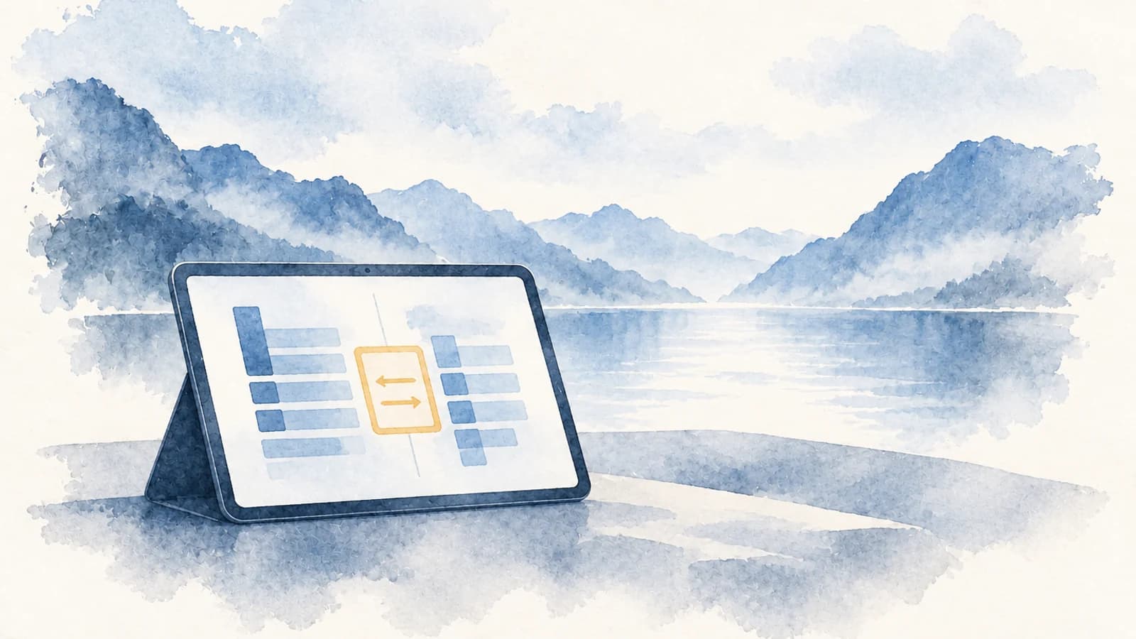 Akvarell av et nettbrett med to digitale datakolonner og en gul markering, foran en svakt malt fjord.