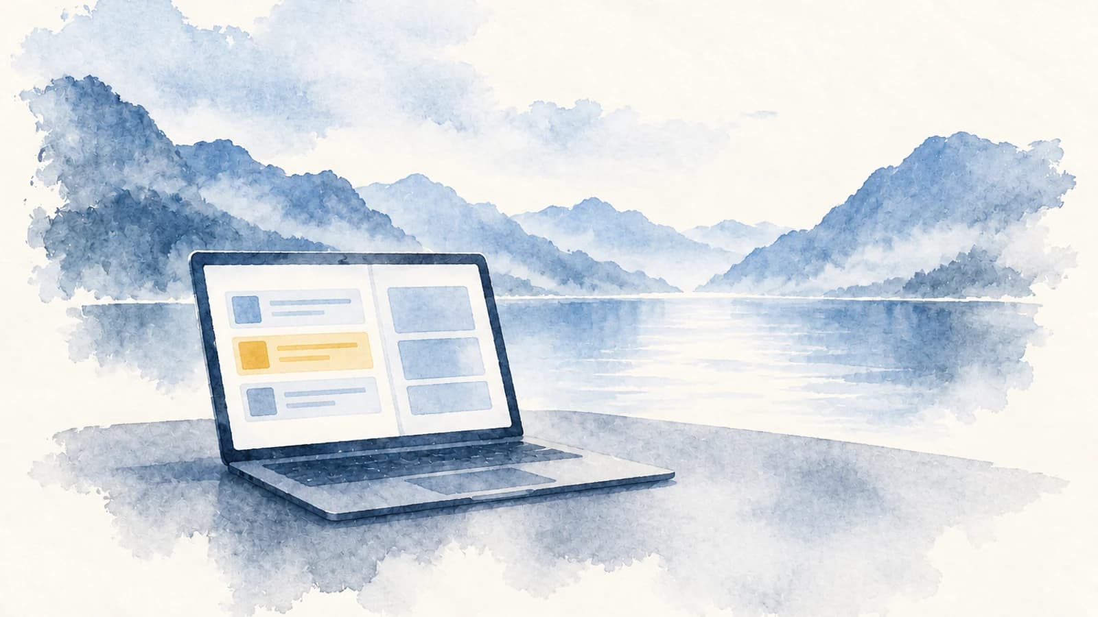 Akvarell av en laptop med hovedbok og digital arbeidsflate side om side, malt i løse blå strøk med en gul markering.