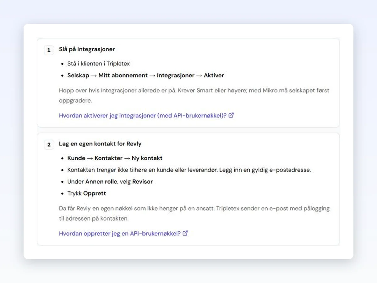 Skjermbilde av veiledningen i Revly: de to første stegene for å lage en nøkkel i Tripletex, med lenker til Tripletex sine hjelpeartikler.